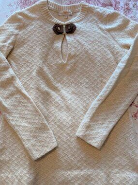 Tory Burch Ivory Cream Sweater with Brown Leather Trim M